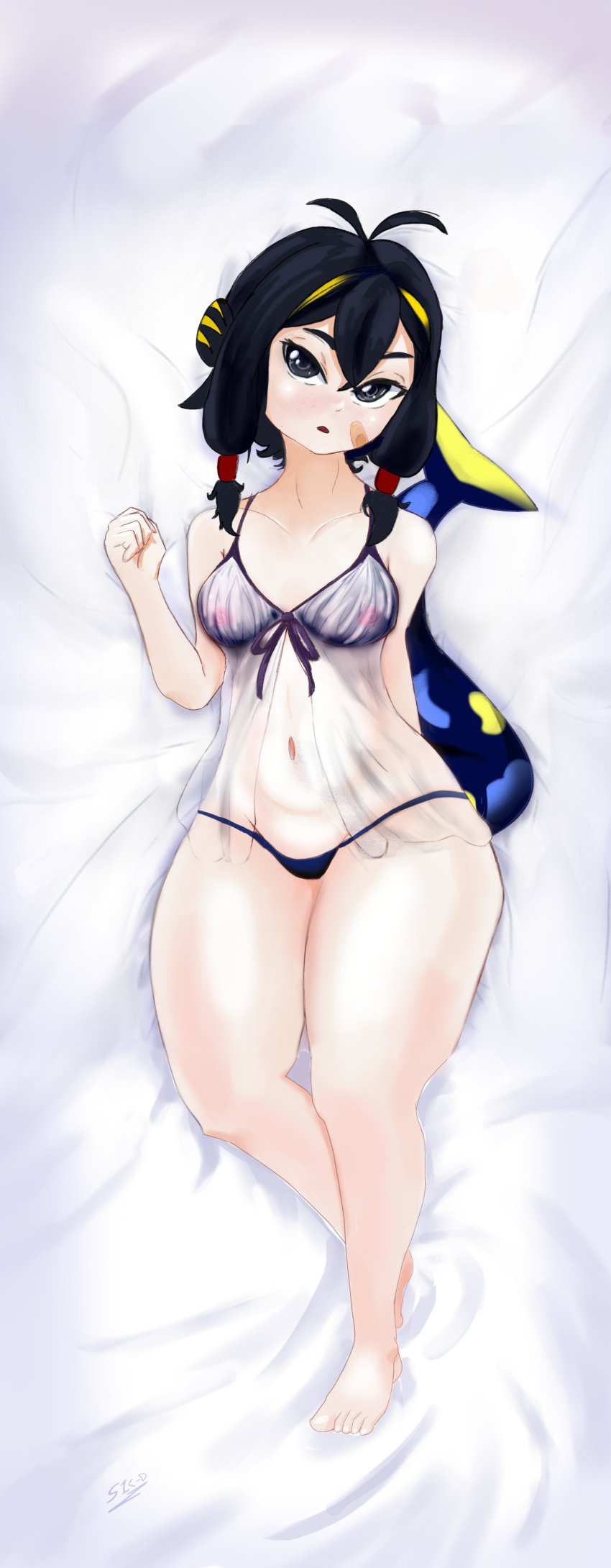 1girls animal_tail babydoll bed black_hair crayonvt dakimakura female female_focus female_only fish_girl front_view full_body highres indie_virtual_youtuber light-skinned_female light_skin looking_at_viewer lying lying_on_bed on_bed sexy_dress short_hair solo solo_female thong two_tone_hair virtual_youtuber vtuber vtuberfanart yellow_hair