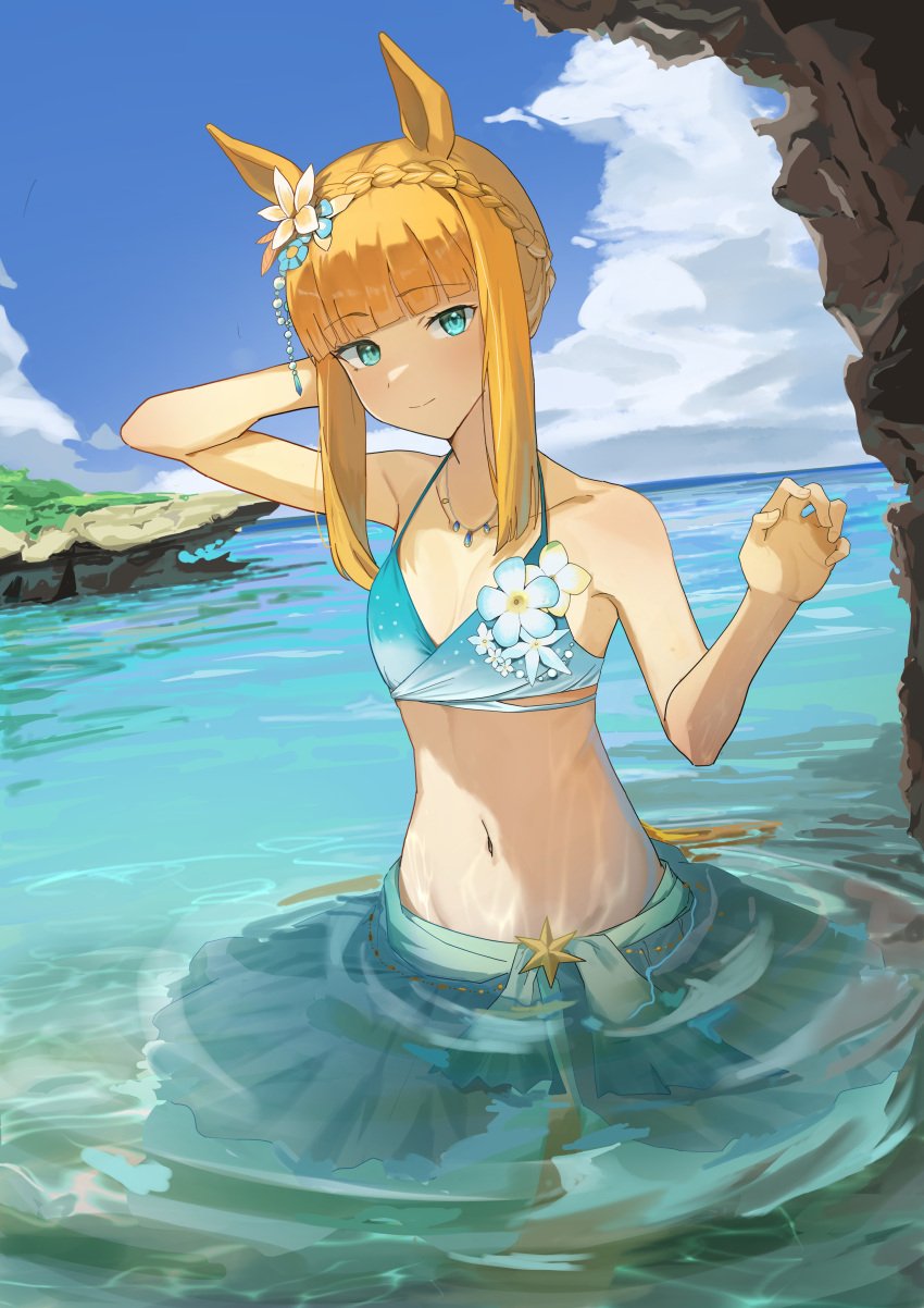 1girls absurd_res absurdres amepa_(ame_pinecandy) animal_ears arm_behind_head armpits bare_arms bare_midriff bare_shoulders bare_skin belly belly_button bikini blonde_female blonde_hair blonde_hair blonde_hair_female blue_bikini blue_bikini_top blue_eyes blue_eyes_female blue_skirt blue_sky blue_swimsuit blue_swimwear braid braided_hair breasts breasts caustics cleavage clouds coast collarbone dot_nose elbows eyebrows_visible_through_hair female female_focus female_only fingernails fingers flower flower_in_hair hair_flower hair_ornament hand_behind_head head_tilt high_resolution highres light-skinned_female light_skin long_hair looking_at_viewer naked naked_female navel neck necklace nude nude_female ocean petite petite_body petite_breasts petite_female petite_girl sea seaside shoulders sidelocks silence_suzuka_(umamusume) skirt sky slender_body slender_waist slim_girl slim_waist small_breasts smile smiling solo standing swimsuit swimwear thin_waist tilted_head umamusume upper_body v-line water waves wet wet_body wet_clothes wet_clothing wet_skin