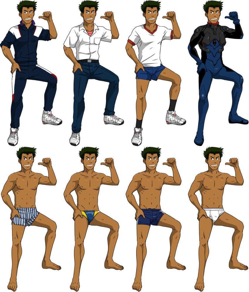 00s 1boy 2008 boxers gay male male_only neon_genesis_evangelion pants shirt short_hair simple_background solo speedo suit t-shirt tagme taku_hiraku toji_suzuhara underwear white_background