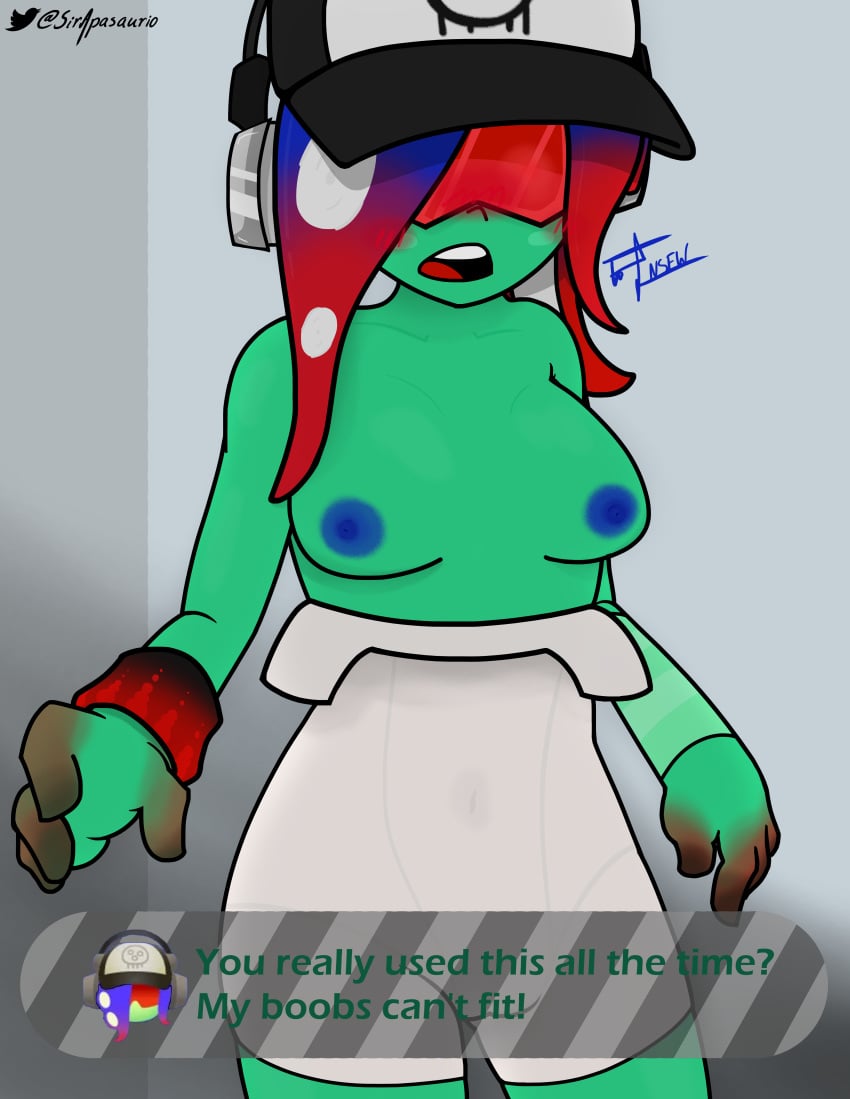 1female 1girls acht_(splatoon) alternate_version_at_source alternate_version_available blue_hair blue_nipples blush blush_lines blushing_female breasts breasts_out breasts_out_of_clothes breasts_outside cap clothed clothed_female dedf1sh dialogue english_dialogue english_text female female_focus female_only glasses glasses_on_head green_body green_skin green_text grey_background headphones headphones_on_head octoling octoling_girl red_glasses red_hair red_tongue sanitized_(splatoon) sanitized_octarian sanitized_octoling simple_background sir_apasaurio splatoon splatoon_(series) splatoon_2 splatoon_2:_octo_expansion splatoon_3 splatoon_3:_side_order text text_box twitter_logo twitter_username white_clothes white_clothing