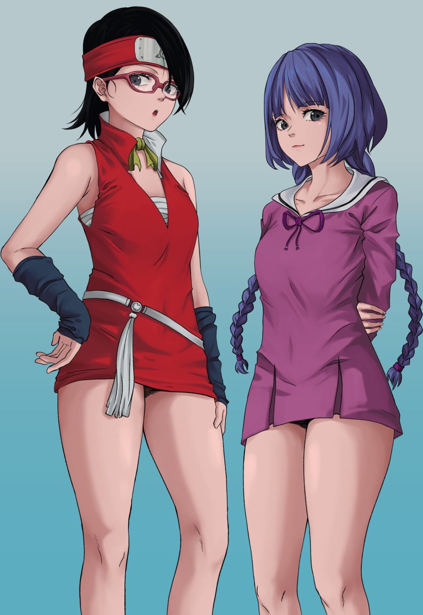 2girls armor arms_behind_back bare_legs black_eyes black_hair blue_hair boruto:_naruto_next_generations breasts cleavage dou dress female female_only glasses hand_on_own_hip highres holding_own_arm japanese_armor kakei_sumire looking_at_viewer low_twintails mana_(manasenshou) multiple_girls naruto naruto_(series) no_panties petite sailor_collar sailor_dress sarada_uchiha short_dress short_hair teenage_girl teenager thighs twintails uchiha_sarada