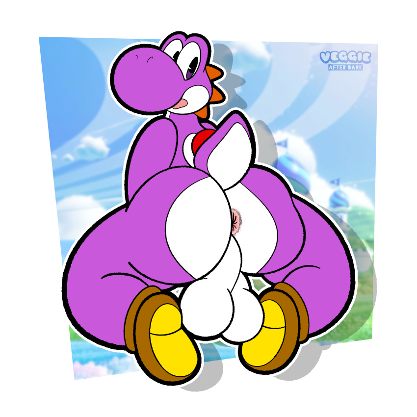 absurd_res anthro anus ass backsack balls big_balls big_butt clothing dinosaur footwear footwear_only genitals hi_res kneeling looking_back male_only mario_(series) mostly_nude nintendo open_mouth pac-man_eyes pink_anus purple_body purple_scales purple_yoshi raised_tail reptile scales scalie shoes shoes_only solo super_mario_bros._wonder tail thick_thighs veggieafterdark white_body white_scales wide_hips yoshi yoshi_(character)