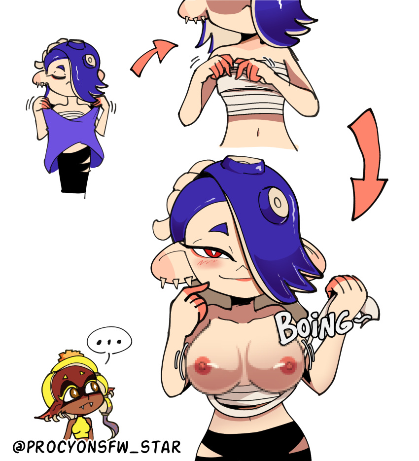 big_breasts blue_hair duo duo_female frye_(splatoon) inkling inkling_girl nintendo nintendo_switch octoling octoling_girl procyon't sarashi sarashi_pull shiver_(splatoon) smile splatoon splatoon_(series) splatoon_3