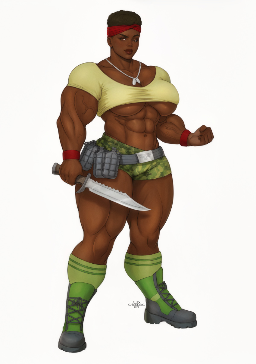 1girls abs alexcherubic astra_militarum catachan_jungle_fighters clothing dark-skinned_female dark_skin female female_only guardswoman_(warhammer_40k) huge_muscles huge_thighs imperial_guard imperium_of_man knife muscle muscles muscular_female short_hair solo solo_female thick_thighs warhammer_(franchise) warhammer_40k weapon