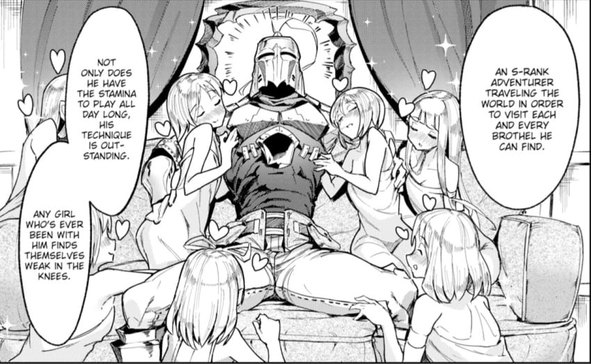 1boy 6+girls 7girls croriin english_text harem helmet isekai knight original original_characters speech_bubble