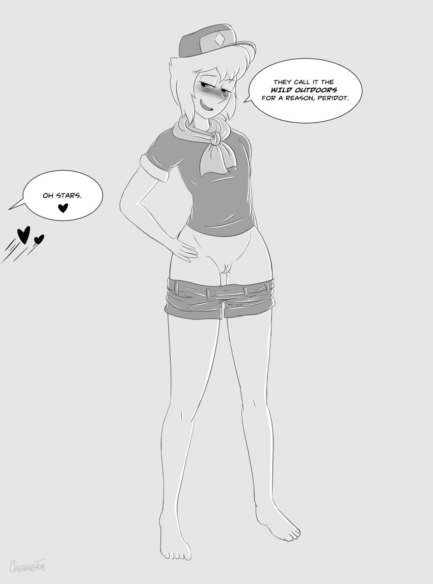 2019 blush cap cartoon_network cartoonsaur commission female female_only gem_(species) greyscale implied_yuri lapis_lazuli_(steven_universe) looking_at_another peridot_(steven_universe) scarf shirt short_hair shorts_down sketch speech_bubble steven_universe text_bubble thighs uniform yuri