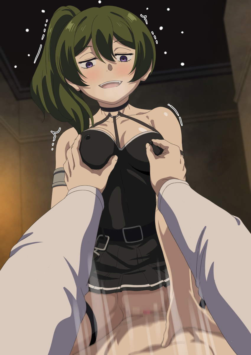 1boy 1girls :d arm_strap armlet aroused bare_shoulders belt black_belt black_dress blush breast_grab breasts censored censored_pussy choker clothed_sex collarbone covered_nipples cowgirl_position dbmaster dress excited female female_on_top grabbing grabbing_another's_breast green_hair hair_between_eyes highres light-skinned_female long_hair looking_pleasured nipple_stimulation nipple_tweak pov pov_eye_contact pov_hands purple_eyes riding_penis sex side_ponytail slim_waist smile solo_focus sousou_no_frieren straddling straight teeth thigh_strap tongue trembling ubel_(sousou_no_frieren) upper_teeth_only vaginal_penetration variant