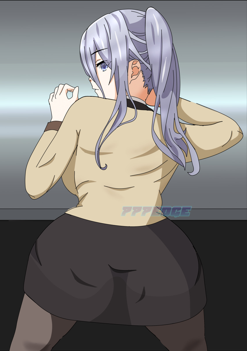 777edge ass date_a_live grey_eyes grey_hair light-skinned_female murasame_reine skirt tight_clothing uniform