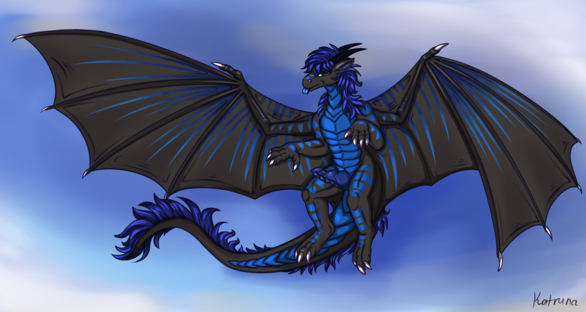 1boy 2019 blue_eyes blue_penis blue_scales claws dragon feral flying fur hair hi_res horn katruna94 male male_only membranous_wings penis relaxing scales scalie simple_background smile solo tongue wings xylex