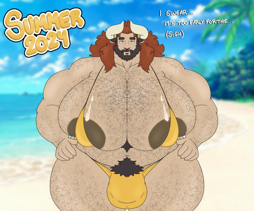 bara big_breasts bikini breasts_bigger_than_head busty busty_boy facial_hair gus_the_chimera_dad horns huge_breasts male male_breasts male_only male_tits tiredchimeradad