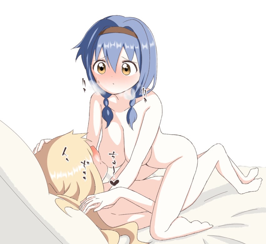 2girls bed blonde_hair blue_hair blush braid breast_sucking breasts breath brown_eyes collarbone eyebrows eyebrows_visible_through_hair furutani_himawari hairband hand_on_head large_breasts long_hair monochrome_background multiple_girls nude ochadzuke on_bed oomuro_sakurako open_mouth shiny shiny_hair short_hair simple_background twintails white_background yuri yuru_yuri