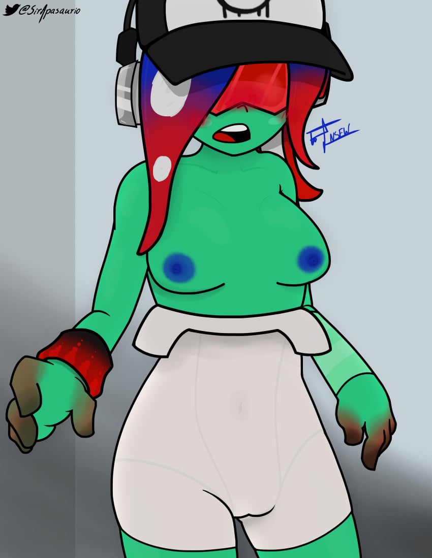 1female 1girls acht_(splatoon) alternate_version_at_source alternate_version_available blue_hair blue_nipples blush blush_lines blushing_female breasts breasts_out breasts_out_of_clothes breasts_outside cap clothed clothed_female dedf1sh female female_focus female_only glasses glasses_on_head green_body green_skin grey_background headphones headphones_on_head octoling octoling_girl red_glasses red_hair red_tongue sanitized_(splatoon) sanitized_octarian sanitized_octoling simple_background sir_apasaurio splatoon splatoon_(series) splatoon_2 splatoon_2:_octo_expansion splatoon_3 splatoon_3:_side_order textless textless_version twitter_logo twitter_username white_clothes white_clothing