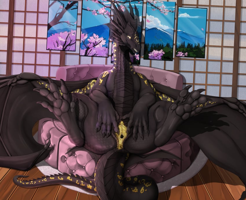 absurd_res anus ass detailed_background dragon female feral genitals hi_res horn ishiru mythological_creature mythological_scalie mythology nude pussy scalie solo spread_legs spread_pussy spreading tail wings