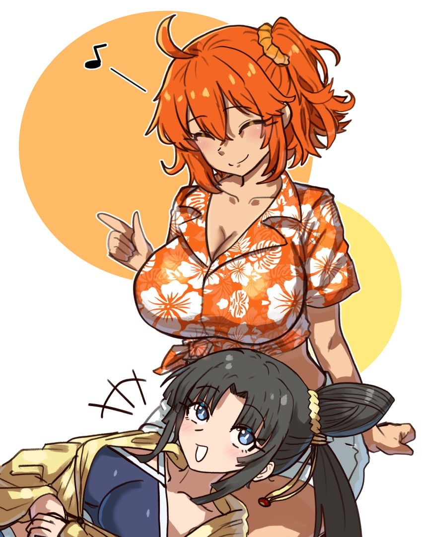 2girls alternate_breast_size black_hair breast_size_difference breasts ebora fate/grand_order fate_(series) female female_only fujimaru_ritsuka_(female) hi_res huge_breasts light-skinned_female light_skin long_hair massive_breasts medium_breasts orange_hair side_ponytail swimsuit ushiwakamaru_(fate/grand_order) ushiwakamaru_(swimsuit_assassin)_(fate) youngmanisdown