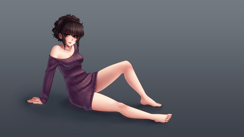 absurdres bags_under_eyes barefoot black_hair black_lagoon collarbone dress feet female frederica_sawyer gradient_background highres monorus petite ribbed_sweater scar shirt shogakukan short_hair sitting smile solo sweater sweater_dress t-shirt