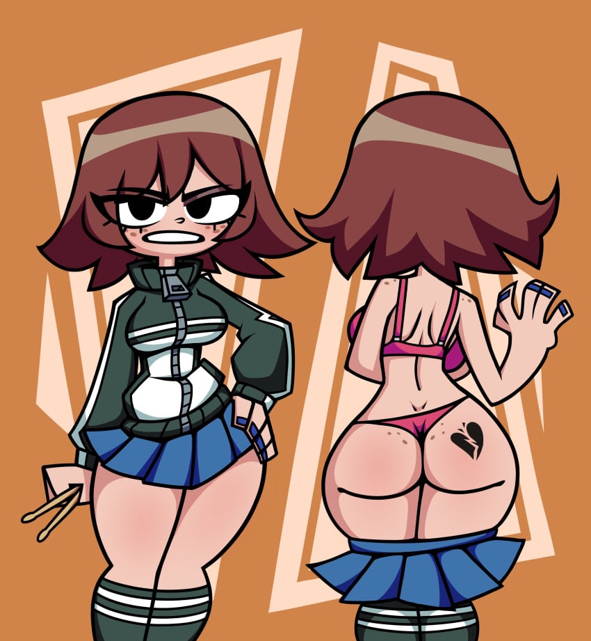 1girls black_eyes blue_nails brown_hair clothed female freckles freckles_on_ass freckles_on_face freckles_on_shoulders hand_on_hip heart holding_object kim_pine metuloser404 nail_polish panties pink_underwear scott_pilgrim short_hair skirt_down socks tattoo underwear