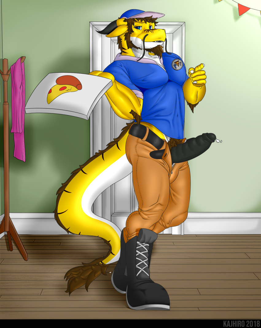 2019 anthro belt blue_eyes brown_hair clothed clothing codark2 dragon eastern_dragon erection food footwear fully_clothed hair hi_res horn inside kajhiro looking_at_viewer male male_only muscular pants penis pizza precum scalie scarf solo standing tail_tuft tuft