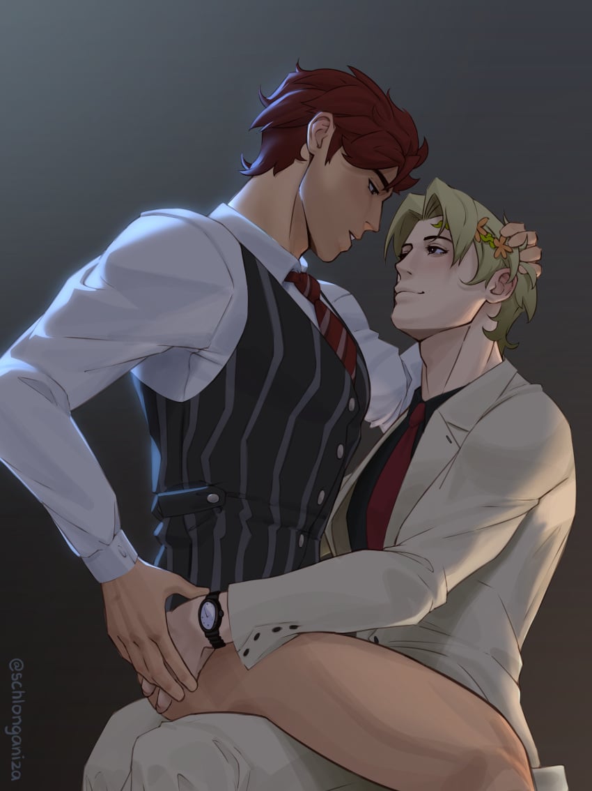 alfred_(fire_emblem) diamant_(fire_emblem) fire_emblem fire_emblem_engage formal_wear male male_only schlonganiza suit_and_tie suits yaoi