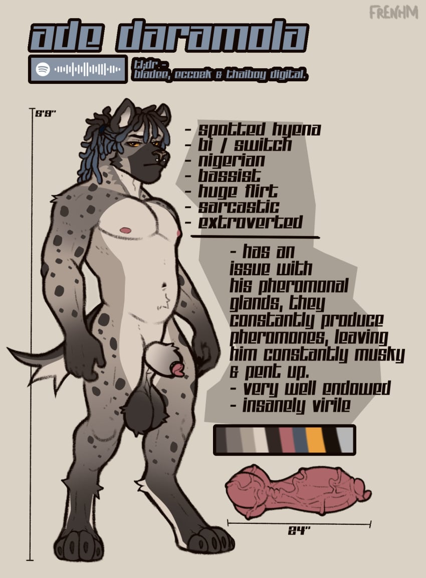 ade_daramola animal_genitalia animal_penis anthro balls big_penis big_sheath canine_genitalia canine_penis digitigrade dreadlocks frenhm genitals hi_res hindpaw hyena knot male mammal model_sheet musk paws penis penis_tip sheath solo yellow_sclera