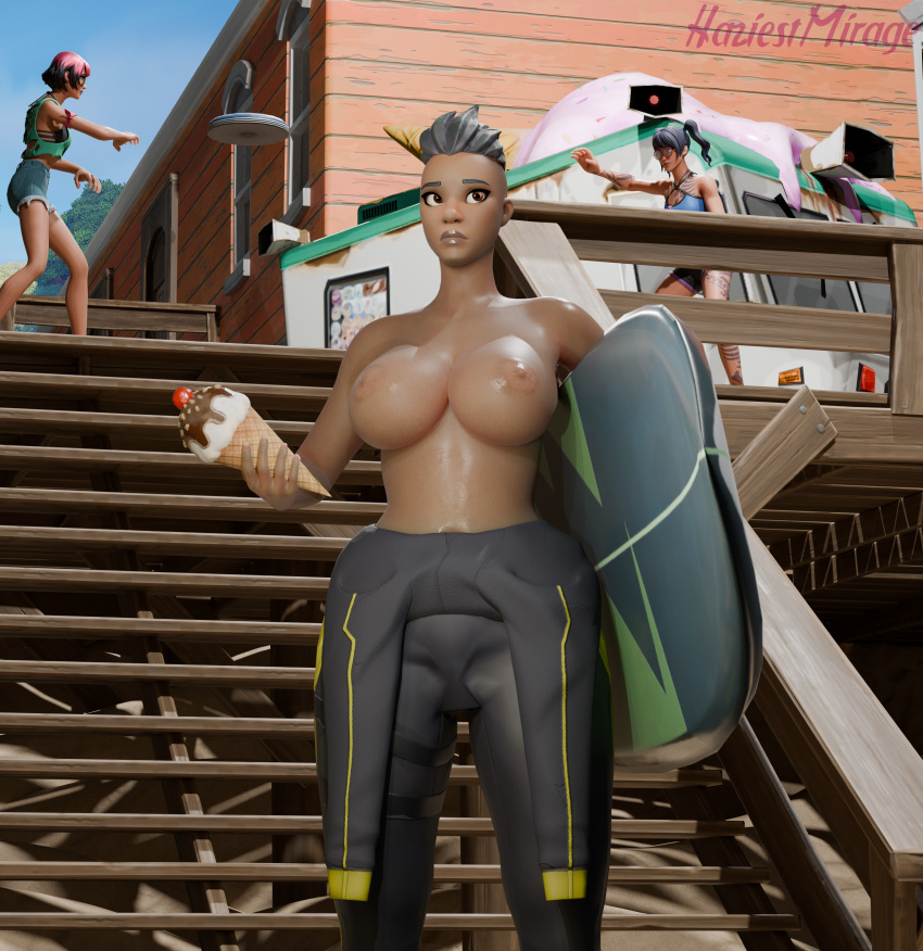 3d blender confused exhibitionism food fortnite haziest_mirage ice_cream large_breasts reef_ranger_(fortnite) topless wetsuit wetsuit_pulled_down