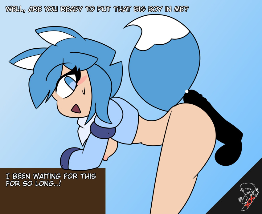 1boy 1girls animal_ears blue_clothing blue_eyes blue_hair breasts breasts_out dialogue disembodied_penis female from_behind from_behind_position half_naked hot_dogging male male/female no_pants oc original_character penis_between_ass raymanx scarf tagme tail text tits_out