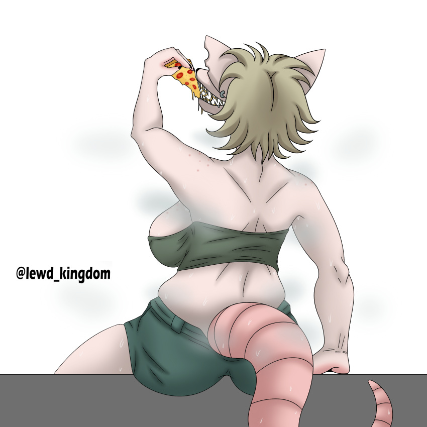 1anthro 1girls 2d 2d_(artwork) anthro belly big_breasts blonde_hair chubby_female curvy_female ear_piercing eating_pizza hair_over_eyes hairy_pussy lewd_kingdom lip_piercing murid murine pizza rat rat_ears rat_tail sharp_teeth shorts smelly smelly_armpits steaming_body sweatdrop sweating thick_thighs