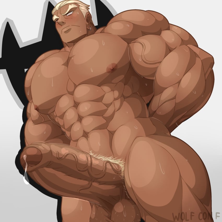 1boy bara big_balls big_muscles big_penis boner erection gamagoori_ira gay huge_balls huge_cock human ira_gamagori kill_la_kill low-angle_view male male_only muscle_growth muscular nude penis precum solo sweat wolf_con_f yaoi