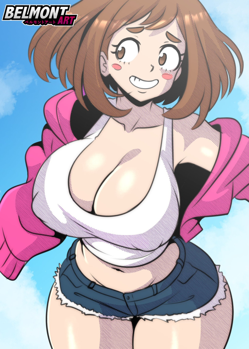 1girls bare_shoulders bare_thighs belmont big_breasts brown_eyes brown_hair clothed clothing color female female_focus female_only hi_res large_breasts light-skinned_female light_skin looking_at_viewer my_hero_academia nipples_visible_through_clothing ochako_uraraka short_hair solo solo_female tagme thick_thighs