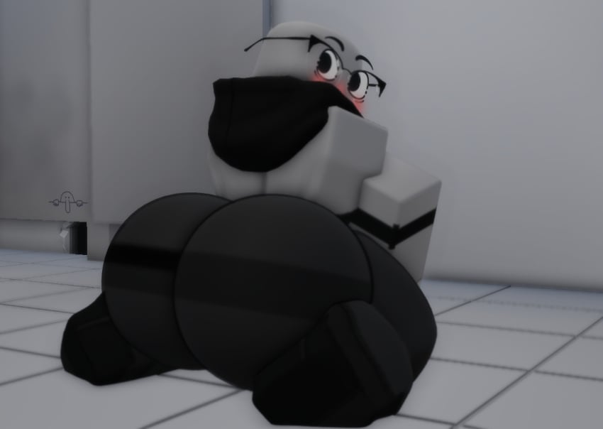 3d amiio big_ass blush bunnysuit dummy_(roblox) femboy gay looking_back male male_only on_knees public_restroom roblox roblox_avatar roblox_game robloxian self_upload solo thick_thighs