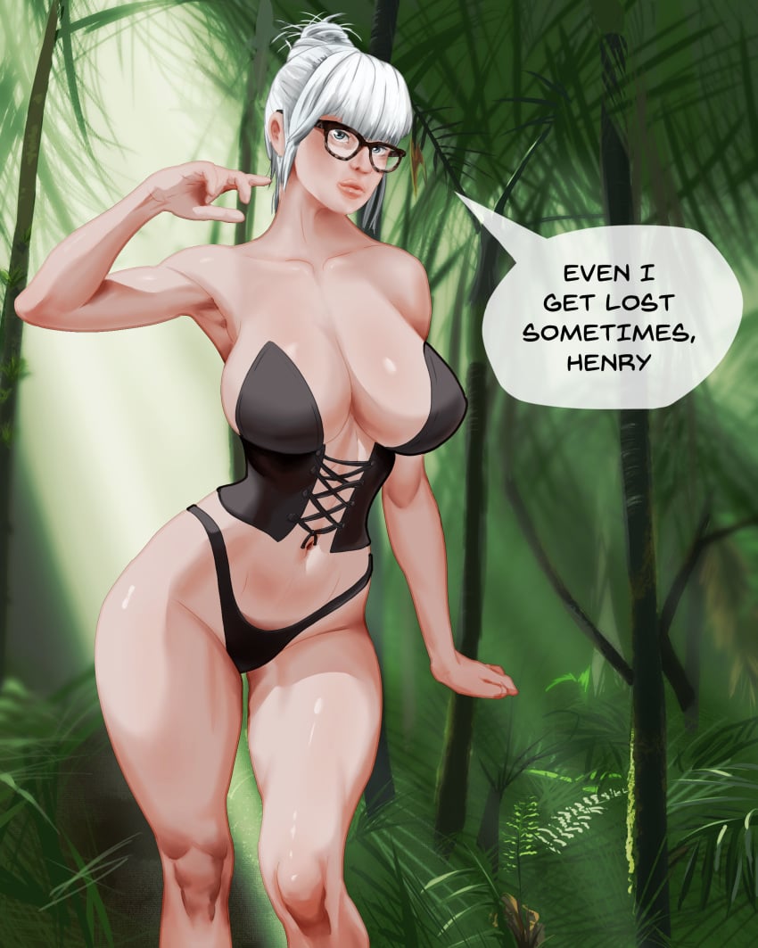 big_breasts blue_eyes corset glasses hi_res huge_breasts jungle pale_skin panties thong thong_bikini treasure_of_nadia white_hair