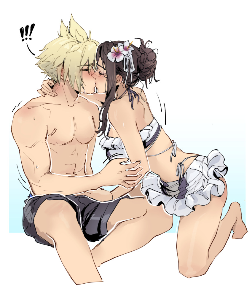 1boy 1girls bathing_suit beach bikini cloud_strife cloud_strife_(wild_surf) female final_fantasy final_fantasy_vii final_fantasy_vii_remake kissing male square_enix tifa_lockhart tifa_lockhart_(shining_spirit)
