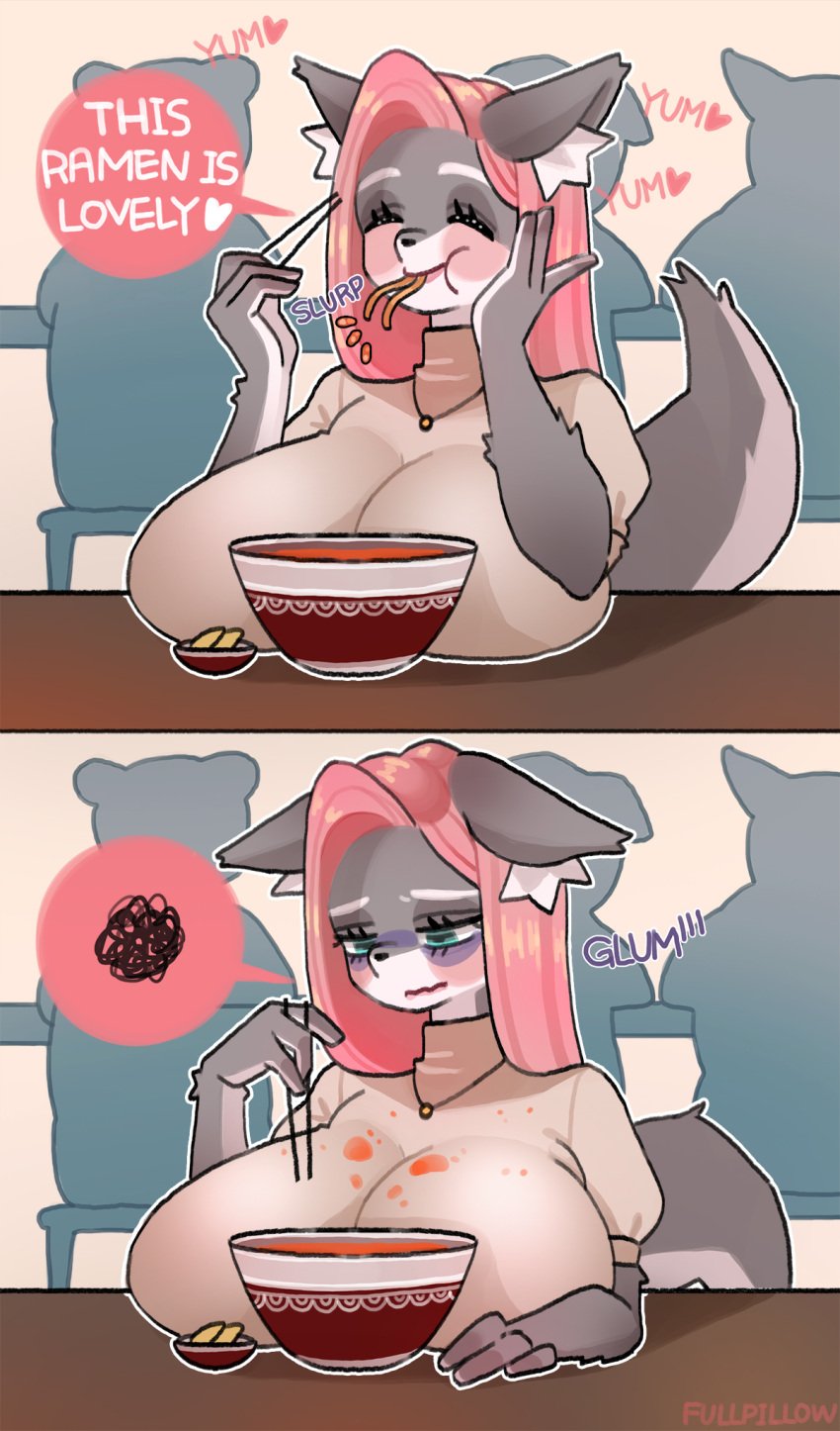 1girls 2024 ambiguous_gender big_breasts blush breasts chopsticks closed_eyes comic dirty_clothing english_text eyelashes fullpillow furry furry_only grey_body grey_fur huge_breasts inner_ear_fluff pink_hair ramen signature tail teal_eyes