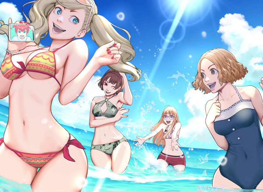 5girls 5ta2_5 5tatsu ahoge ann_takamaki bare_arms bare_shoulders beach bikini blonde_hair blue_eyes blue_one-piece_swimsuit blunt_bangs braid breasts brown_eyes brown_hair cleavage_cutout closed_mouth clothing_cutout covered_navel crown_braid earrings eyewear_on_head glasses green_bikini grey_eyes halterneck hand_on_own_chest haru_okumura highres holding holding_phone jewelry lens_flare long_hair makoto_niijima medium_breasts midriff multiple_girls nail_polish navel ocean one-piece_swimsuit one_eye_closed open_mouth orange_hair outdoors outstretched_arms parted_bangs partially_submerged persona persona_5 persona_5_scramble:_the_phantom_strikers phone print_bikini red_hair red_nails sakura_futaba short_hair short_twintails side-tie_bikini_bottom sideboob small_breasts smile sophia_(persona_5) splashing straight_hair sunlight swept_bangs swimsuit thigh_gap twintails underboob w_arms wavy_hair