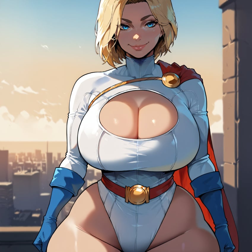 ai_generated bare_thighs blonde_hair blue_eyes dc_comics gigantic_breasts heroine huge_breasts huge_thighs light-skinned_female light_skin looking_at_viewer massive_breasts power_girl short_hair smiling smogai solo_female squatting sweat sweatdrop thick_body thick_female thick_thighs thighs thighs_bigger_than_head voluptuous voluptuous_female