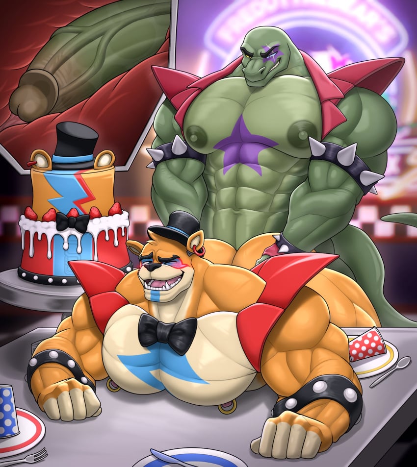 absurd_res adel_the_lizard anthro anthro_on_anthro anthro_penetrated anthro_penetrating anthro_penetrating_anthro biceps big_biceps big_nipples big_pecs black_clothing black_hat black_headwear black_top_hat bracelet brown_glans brown_penis cake clothing dessert duo fan_character five_nights_at_freddy's five_nights_at_freddy's:_security_breach food furniture genitals glamrock_freddy_(fnaf) glans green_body green_penis hat headgear headwear hi_res internal internal_anal jewelry male male/male male_penetrated male_penetrating male_penetrating_male multicolored_penis muscular muscular_anthro muscular_male nipples on_table pecs penetration penile penile_penetration penis scottgames sex solard0gg0 spiked_bracelet spikes steel_wool_studios table top_hat two_tone_penis urethra vein veiny_penis