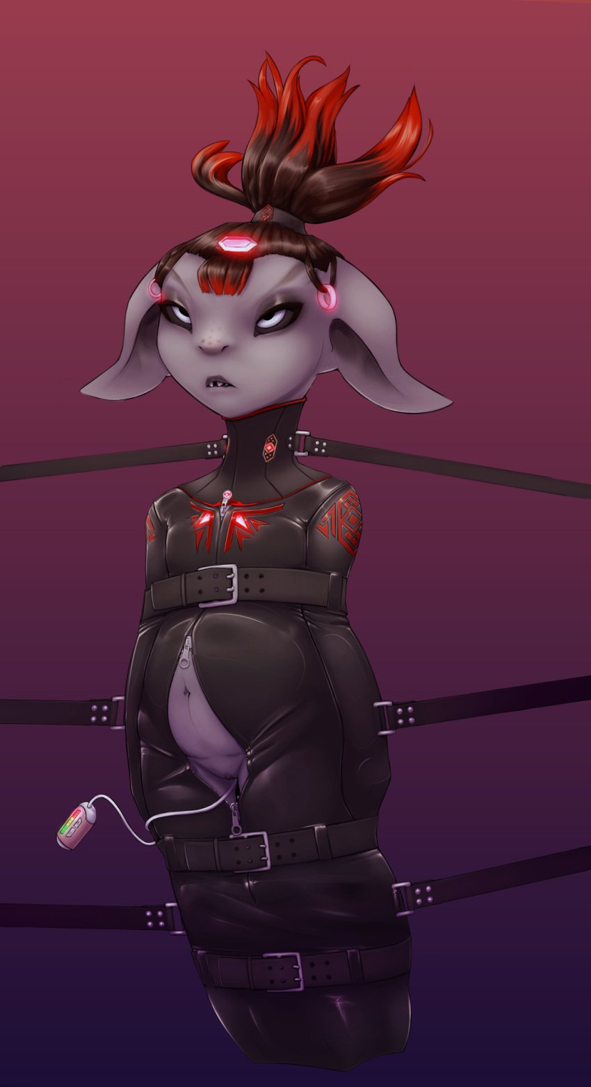 anthro asura bite biting_lip biting_own_lip bondage bound collar egg_vibrator encasement eye_roll female guild_wars hair hi_res humanoid ivory-raven latex ponytail posture_collar sex_toy solo straps suspension vibrator weird