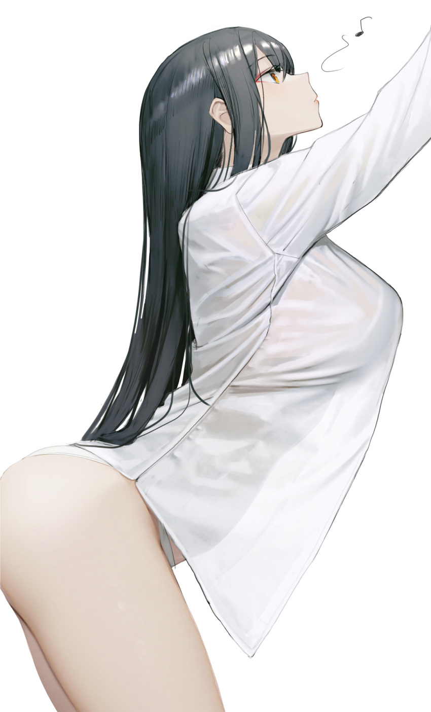 body_lines collared_shirt huge_breasts humming large_ass long_hair naked_shirt panties reaching_out see-through side_view thick_thighs white_panties wide_hips yellow_eyes