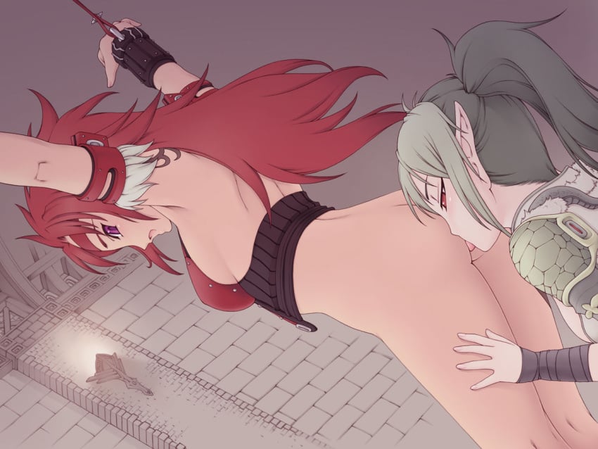 anilingus armpits arms_up ass blush bondage bottomless bound echidna echidna_(queen's_blade) femdom green_hair pointy_ears purple_eyes queen's_blade red_eyes red_hair rimjob rimming risty third-party_edit yuri