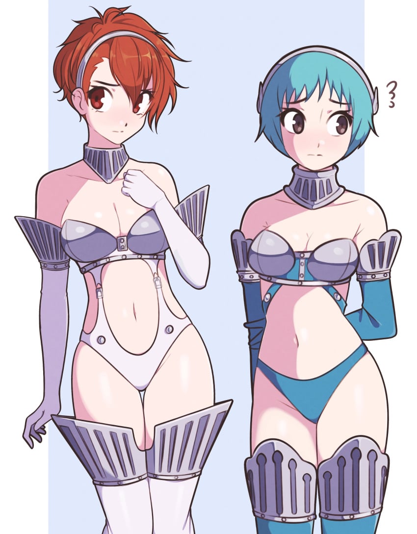 2girls absurd_res absurdres alternate_costume armor atlus battle_panties bikini_armor blue_gloves blue_hair blue_theme blush breasts brown_eyes cleavage commentary detached_collar elbow_gloves female female_focus female_only flying_sweatdrops fuuka_yamagishi gloves hairband hi_res high-cut_armor highres jeffmiga kotone_shiomi medium_breasts megami_tensei multiple_girls navel persona persona_3 red_eyes red_hair sega shiomi_kotone short_hair simple_background thighhighs white_gloves white_hairband white_thighhighs yamagishi_fuuka