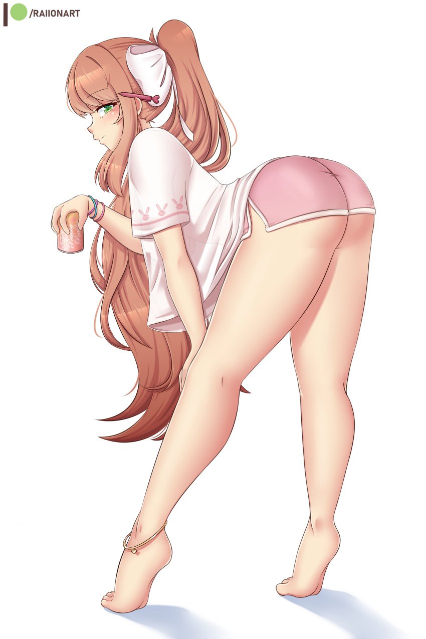 1girls aroused back_view bare_legs barefoot bending_forward bending_over bent_over big_ass big_butt blush brown_hair doki_doki_literature_club feet female female_only green_eyes hair_ornament hair_ribbon leaning_forward long_hair long_legs looking_at_viewer looking_back_at_viewer looking_pleasured monika_(doki_doki_literature_club) raionart see-through see-through_clothing see-through_top shirt shorts side_view smiling_at_viewer soda_can solo standing_on_toes teenager thick thick_ass thick_thighs three-quarter_view tied_hair tiptoes