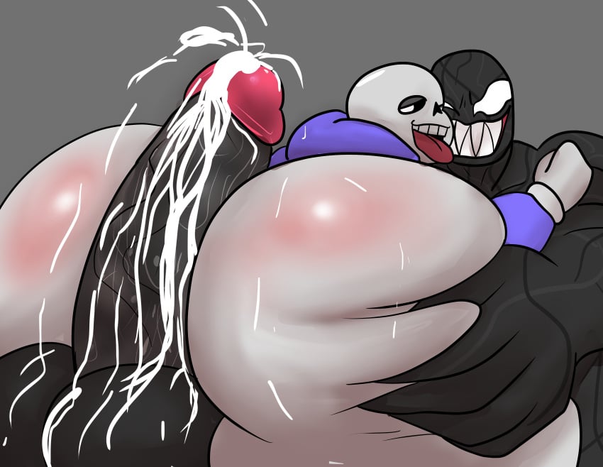 absurd_res ass big_butt bodily_fluids bone butt_squish cum duo ejaculation gay genital_fluids grey_background hi_res hot_dogging male male/male marvel sans sans_(undertale) sex simple_background skeleton squish symbiote tongue tongue_out undertale_(series) venom_(marvel) weonraro123