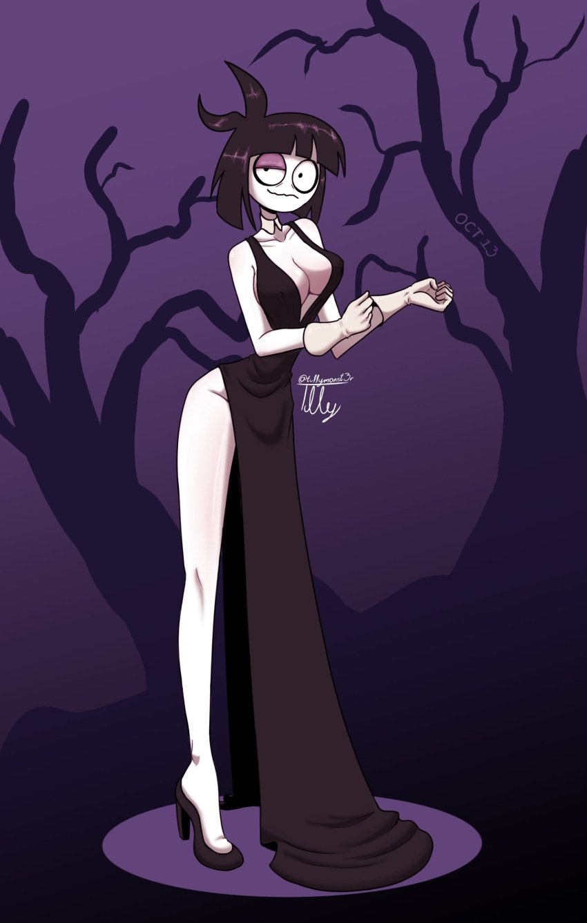 black_hair breasts cleavage creepy_susie dress gloves goth high_heels short_hair the_oblongs tullymonst3r