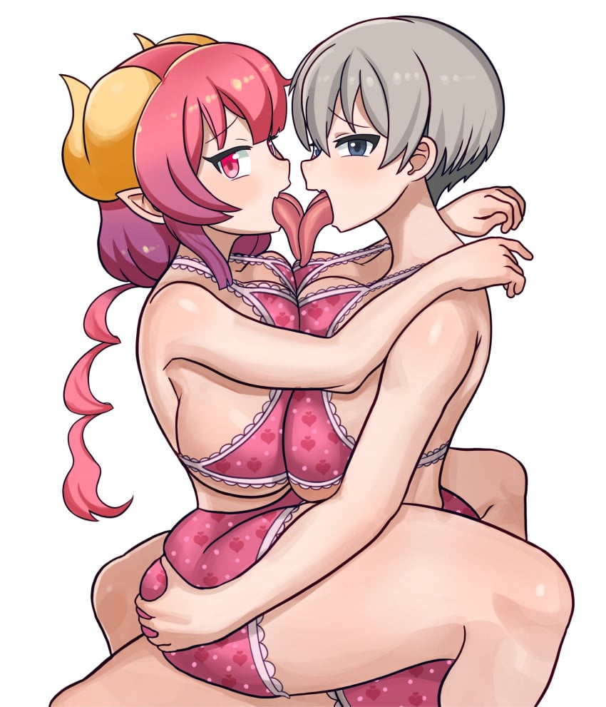 2girls ass big_ass big_breasts blue_eyes blush breasts crossover dragon dragon_girl fair-skinned_female fair_skin female female_only grabbing_ass horns human ilulu_(dragon_maid) kissing kobayashi-san_chi_no_maidragon large_breasts lesbian_kiss long_tongue miss_kobayashi's_dragon_maid partially_clothed pink_hair pink_underwear pointed_ears pokpa red_eyes shoulder_length_hair silver_hair slit_pupils tongue_out underwear uzaki-chan_wa_asobitai! uzaki_hana yuri