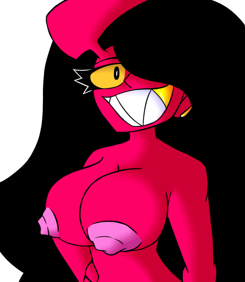 bettysantana big_breasts big_hair big_smile black_hair breasts demon_girl demon_horns female nipples red_body smile succubus yellow_eyes