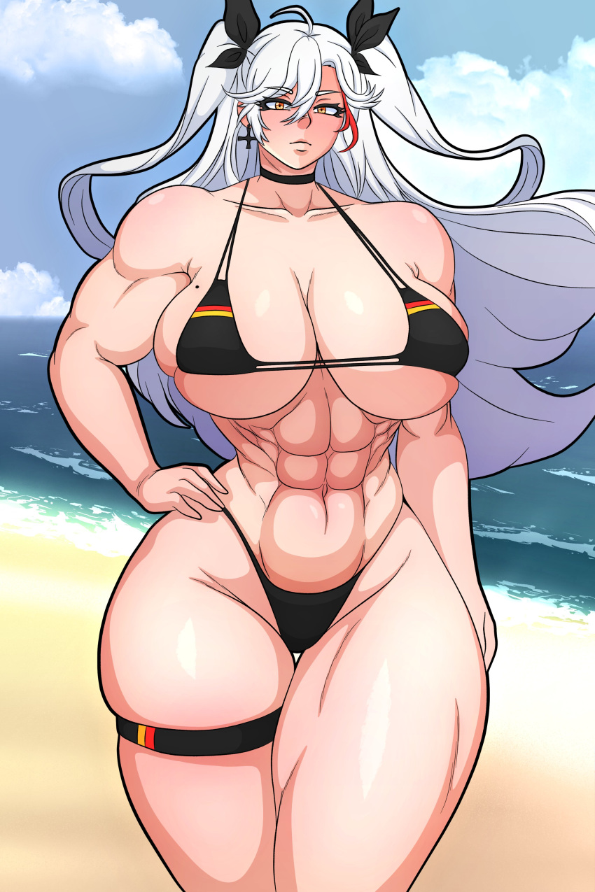 1girls 2d abs acraeaaconite azur_lane bare_shoulders beach belly belly_button big_breasts bikini breasts choker day daytime earrings female hair_ribbon hand_on_hip hips long_hair looking_at_viewer mole_on_breast muscles muscular muscular_female muscular_thighs outdoors outside prinz_eugen_(azur_lane) slave_handles solo source standing thick_thighs thighs thong_bikini tied_hair twintails white_hair wide_hips yellow_eyes