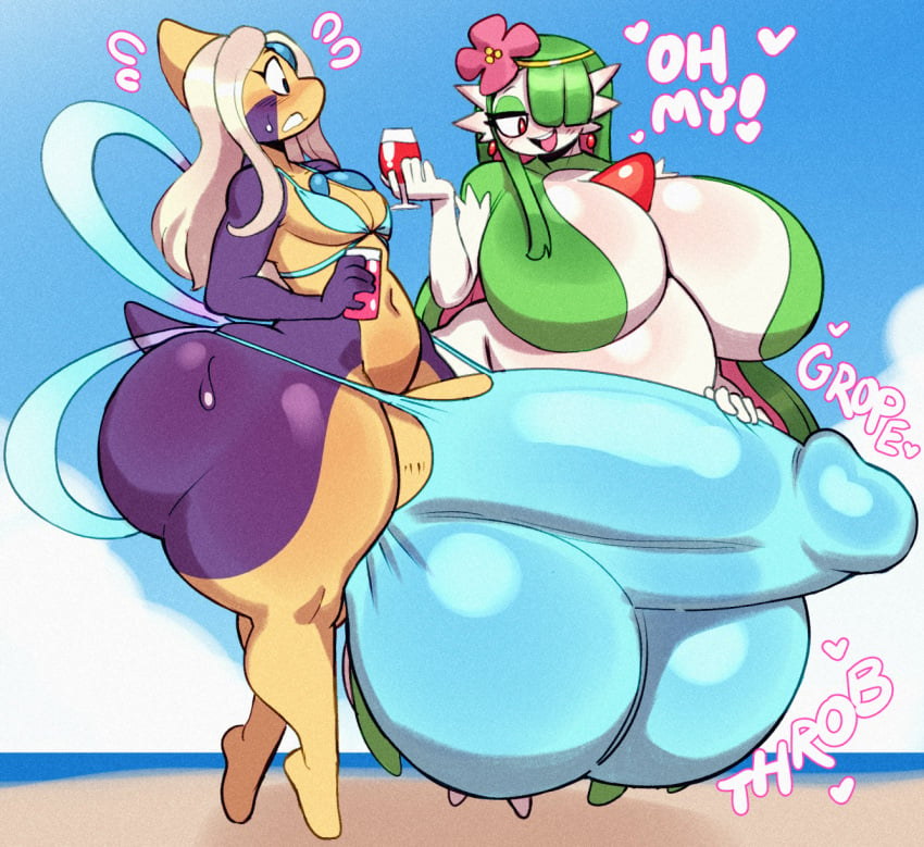 2023 angstrom ass beach big_breasts big_bulge big_butt bikini bikini_bulge black_eyes blue_bikini blue_clothing blue_swimwear blush blush_lines breasts bulge clothing cloud container cresselia cup dialogue digital_media_(artwork) drinking_glass duo english_text exclamation_point eyelashes female flower futanari gardevoir generation_3_pokemon generation_4_pokemon genitals glass glass_container glass_cup green_body green_hair grope hair half-closed_eyes heart_symbol hi_res holding_glass holding_object huge_breasts huge_bulge huge_butt humanoid hyper hyper_bulge legendary_pokemon male male/female narrowed_eyes navel nintendo not_furry open_mouth penis plant pokemon pokemon_(species) purple_body red_eyes rubbing_penis sand sea shiny_pokemon sky swimwear tail teeth text throbbing_penis tongue water white_body white_hair wine_glass yellow_body