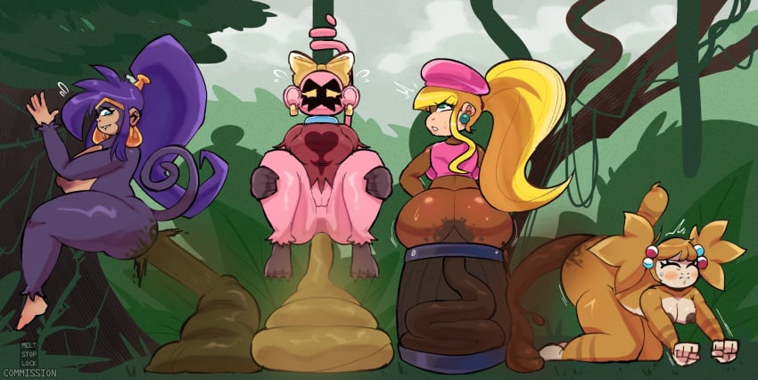 4girls areolae big_ass big_breasts blonde_hair bouncywild dixie_kong donkey_kong_(series) fat_ass forest holding_on jungle jungle_background kingdom_hearts lemur lemur_girl lemur_humanoid meltstoplock monkey monkey_girl motion_lines multiple_girls nipples ponytail pooping_together purple_hair scat scat_disposal scat_fetish shantae shantae_(character) shit_stain shitting shitting_on_floor smelly straining super_monkey_ball tagme tail_wrap watermark yanyan