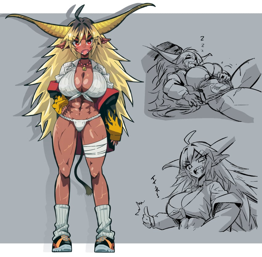 1girls 2023 abs big_breasts blonde_hair capcom cleavage dark-skinned_female fundoshi gyaru horns huge_breasts jari_1986 large_hair loose_socks monster_girl monster_hunter multiple_images rajang red_eyes scar_on_breasts scar_on_thigh scars scars_on_legs scars_on_thighs sharp_teeth sleeping solo spiky_hair tagme thumbs_up yellow_horns