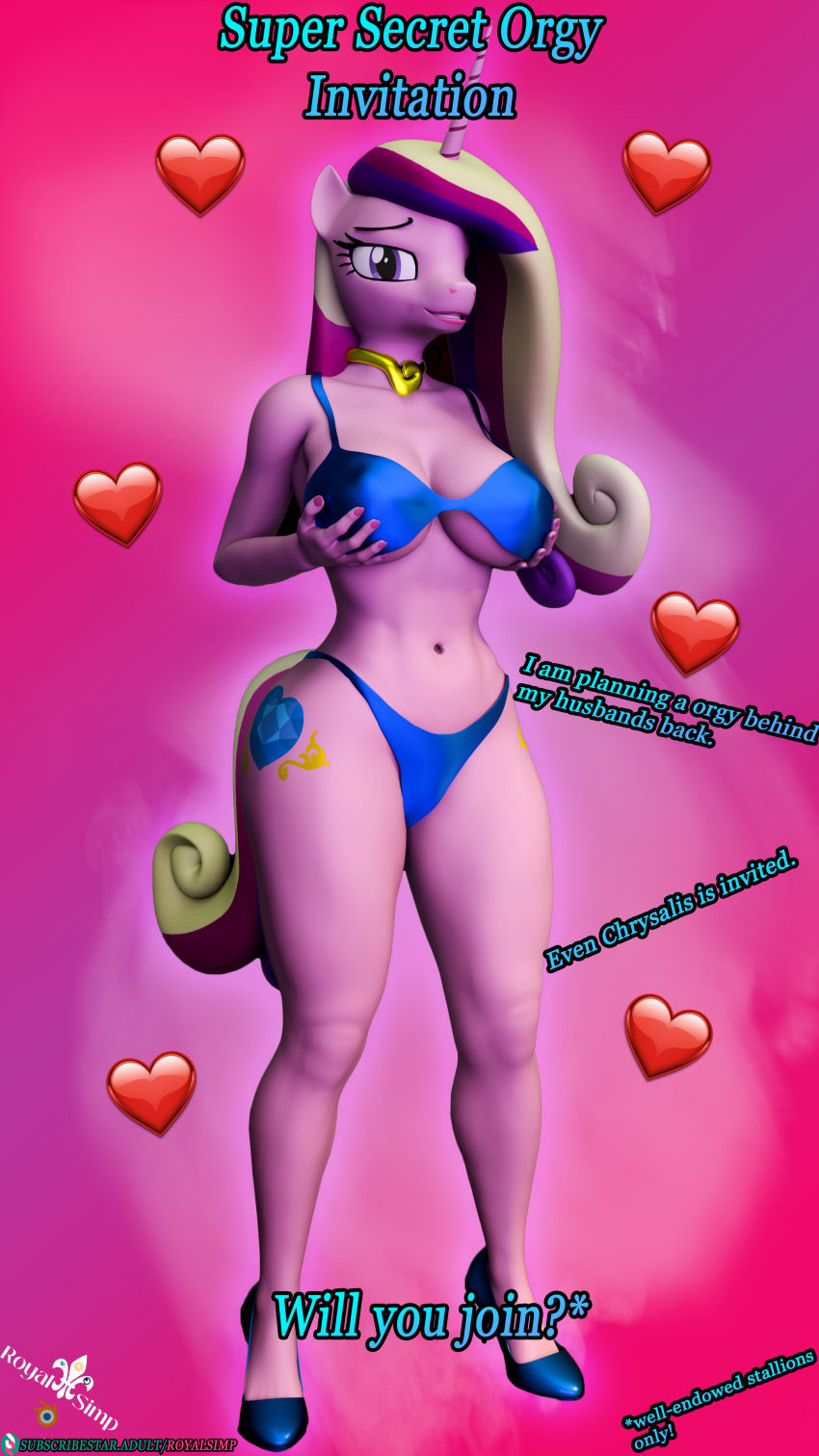 4k absurd_res anthro blender_(software) bra clothing female footwear friendship_is_magic hasbro heart_symbol hi_res high_heels inviting my_little_pony panties pornography poster princess_cadance_(mlp) royalsimp seductive tail text underwear