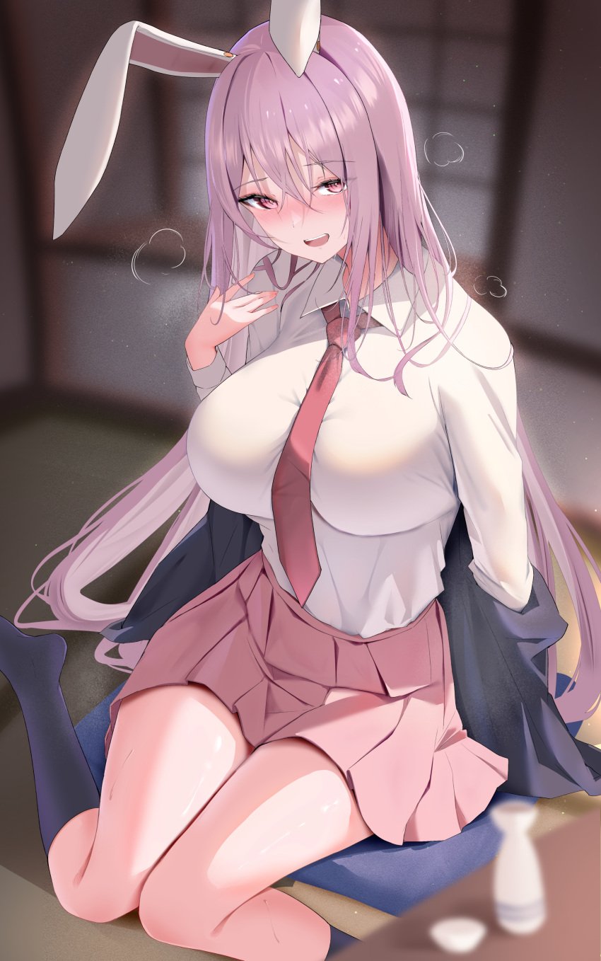 1girls 258n absurdres animal_ears big_breasts blush breasts collared_shirt cushion drunk female hair_between_eyes highres horny horny_female indoors large_breasts long_hair long_sleeves looking_at_viewer open_mouth pink_skirt pleated_skirt purple_hair rabbit_ears red_eyes reisen_udongein_inaba shirt skirt solo tatami touhou white_shirt zabuton